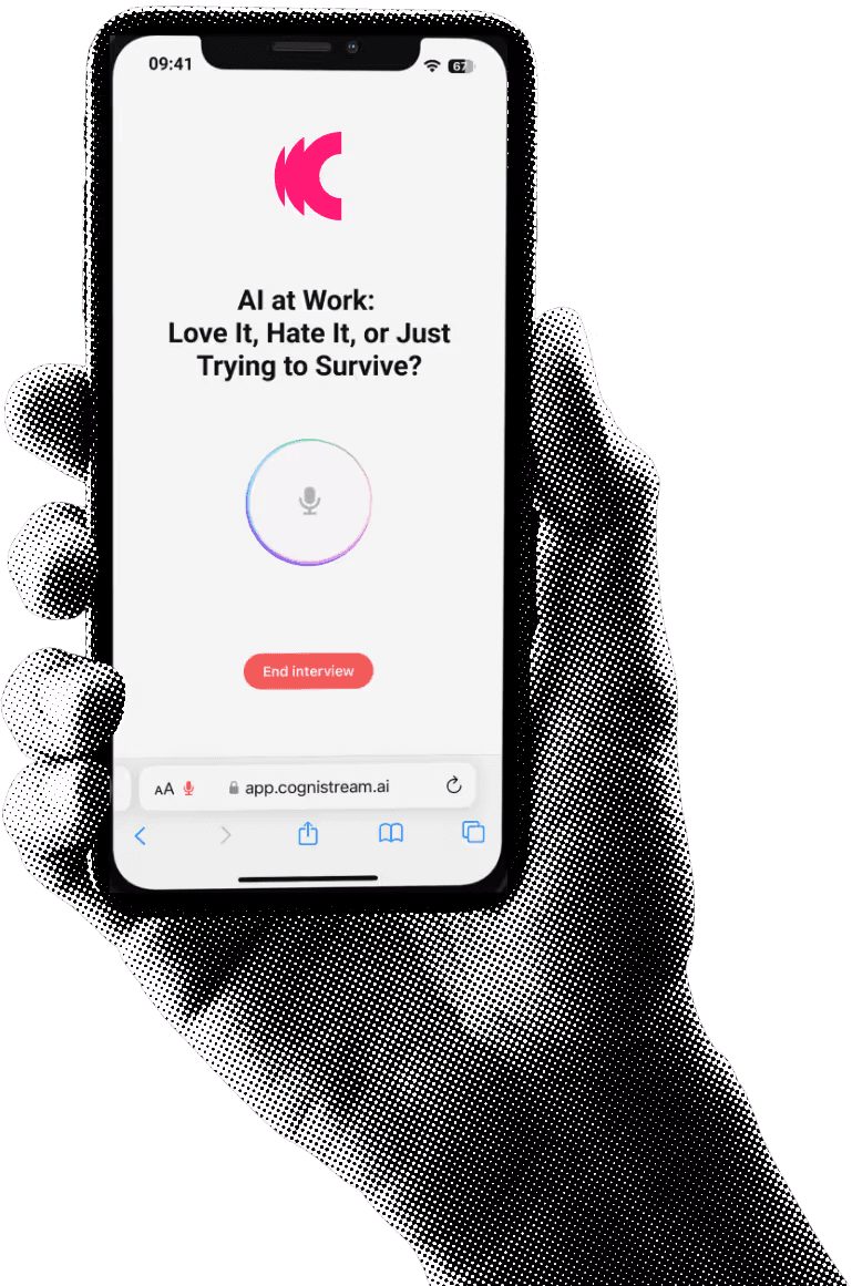 A respondent holding a phone during a CogniStream voice interview in the browser.