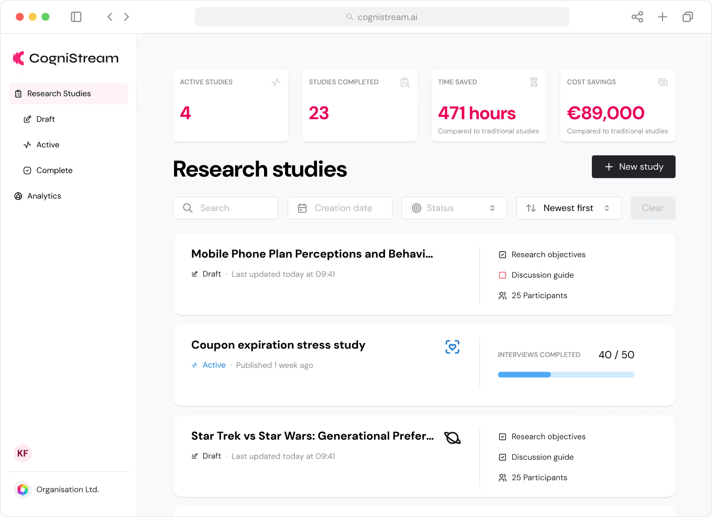 The CogniStream dashboard: research studies with their status, objectives, discussion guides and interview progress.